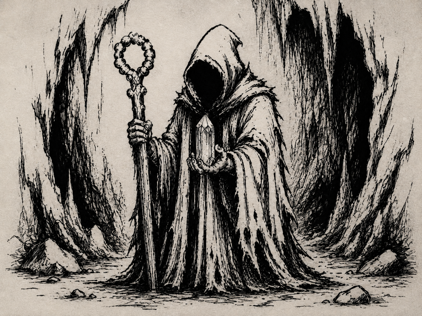 Ink drawing of a hooded magus holding a crystal in a cavern