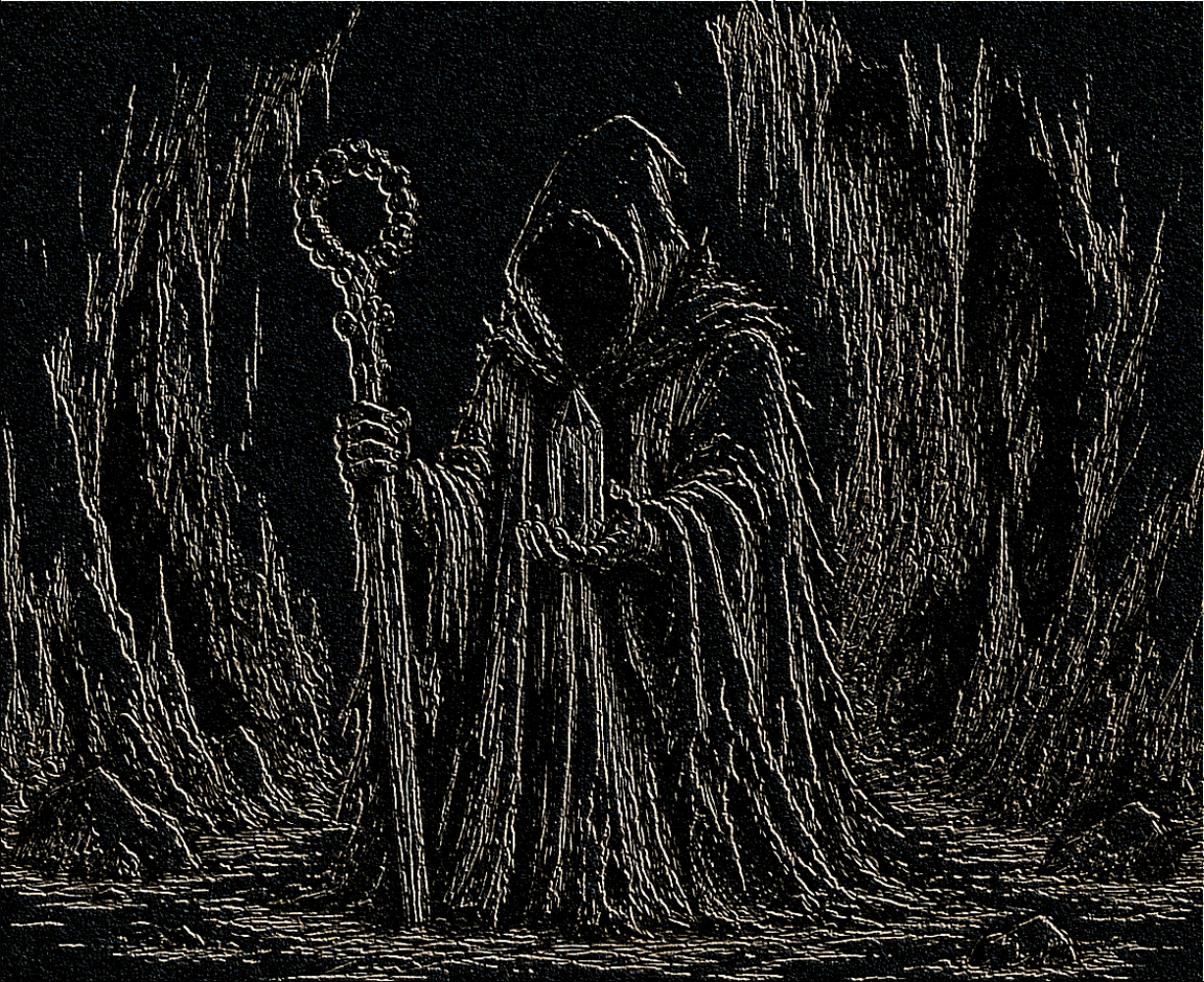 Ink drawing of a hooded magus holding a crystal in a cavern